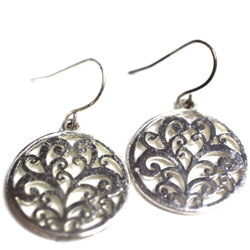Old School Silver Tone Filigree 1.5" Circle Dangle Hook Casual Everyday Earrings
